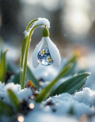 The primary subject of the image is a flower with a drop of water on it. The flower is surrounded by snow, creating a beautiful and serene winter scene. The setting is outdoors, with the flower growing in the snow. The visual style of the image is a photo, capturing the delicate details of the flower and the drop of water. The colors in the image are predominantly white, with the snow and the flower's petals, and the drop of water adds a touch of blue. The overall atmosphere of the image is calm and peaceful, evoking a sense of tranquility and beauty in the midst of the cold winter season.